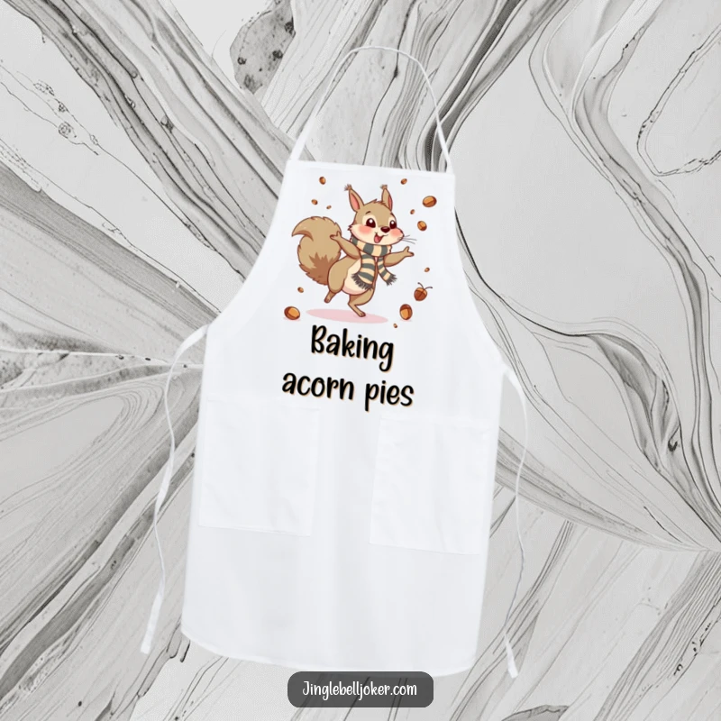 Funny Apron: A squirrel cartwheels, tossing acorns like confetti, a humorous kitchen accessory for cooks.