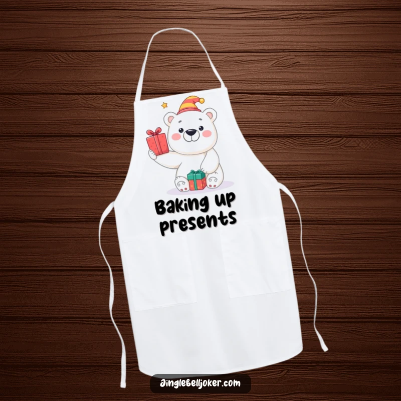 Funny apron with a smiling polar bear in a jester hat, tossing presents, perfect for a humorous and festive kitchen.