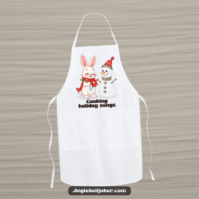 Funny Rabbit and Snowman Apron showing a cheerful rabbit serenading a snowman, perfect for holiday kitchen fun.