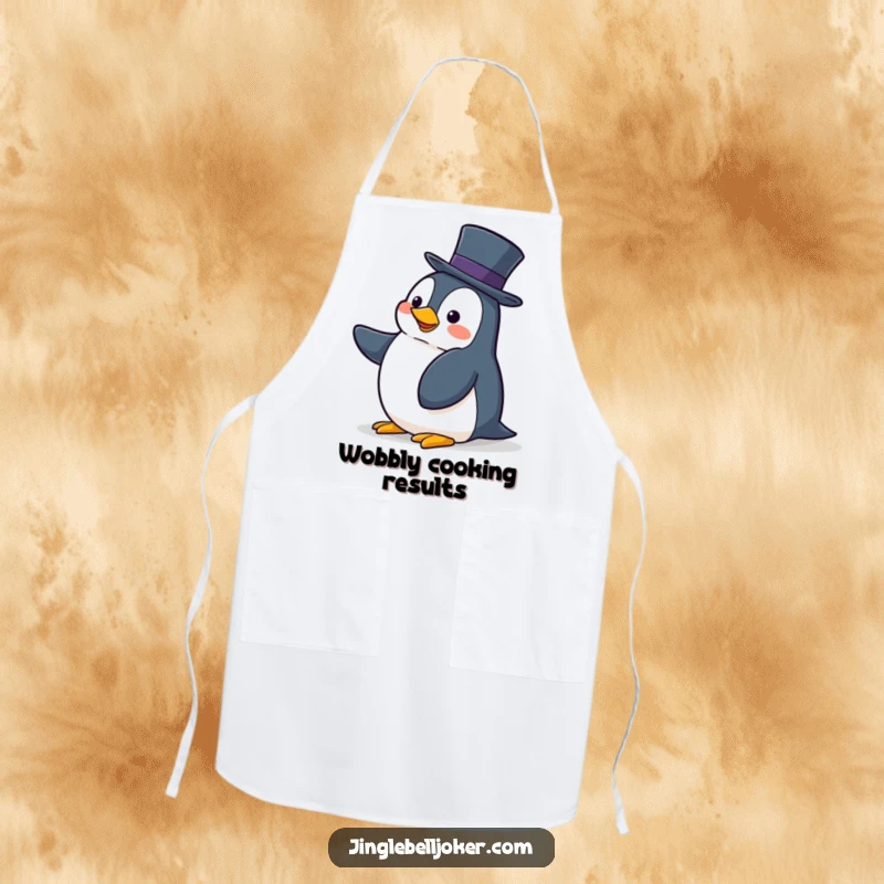 Funny apron showing a clumsy penguin hilariously trying to balance a tall hat, ideal for kitchen humor.