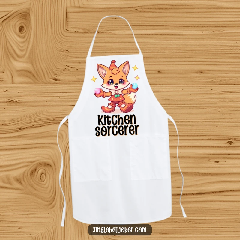 Funny Fox Jester Apron: Cheerful fox character with exaggerated jester shoes, juggling glowing orbs, magical kitchen wear.