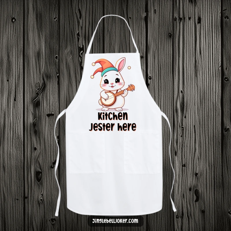Funny apron showcasing a round bunny in a jester hat, joyfully playing a tiny banjo while cooking, adding musical fun.