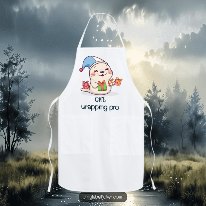 Funny Jester Seal Apron, a seal in a jester hat juggling gifts while cooking, a funny gift for chefs.