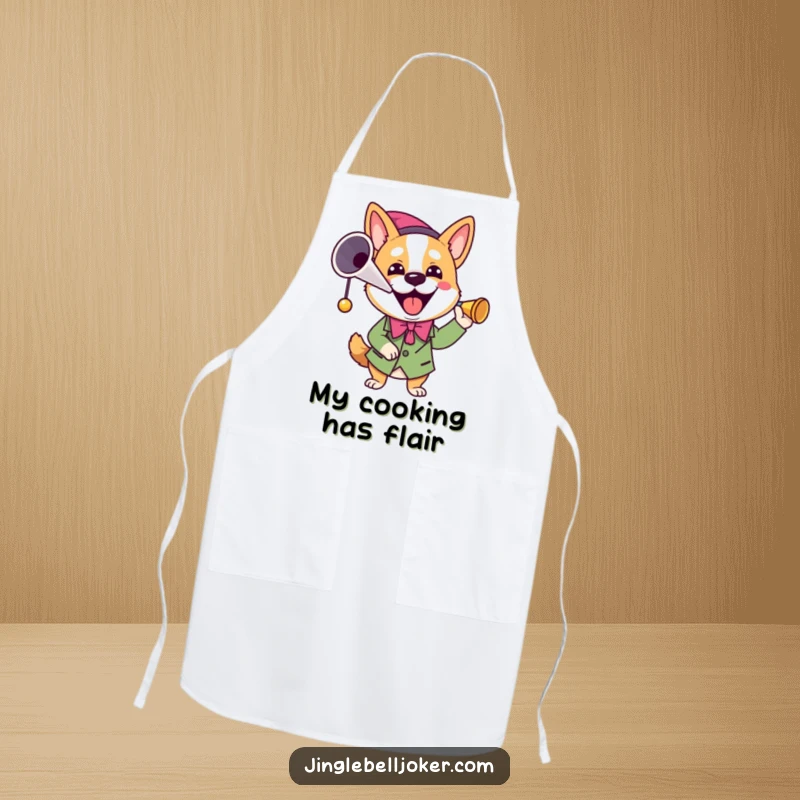 Funny Joker Dog Apron: A dog in a joker outfit blows a horn, a humorous and practical kitchen accessory.
