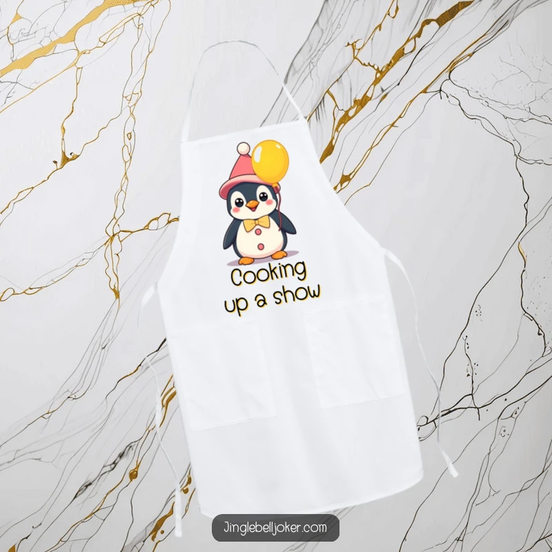 Funny kawaii penguin clown holding a balloon, a protective apron for creative tasks combining practicality with whimsical humor.