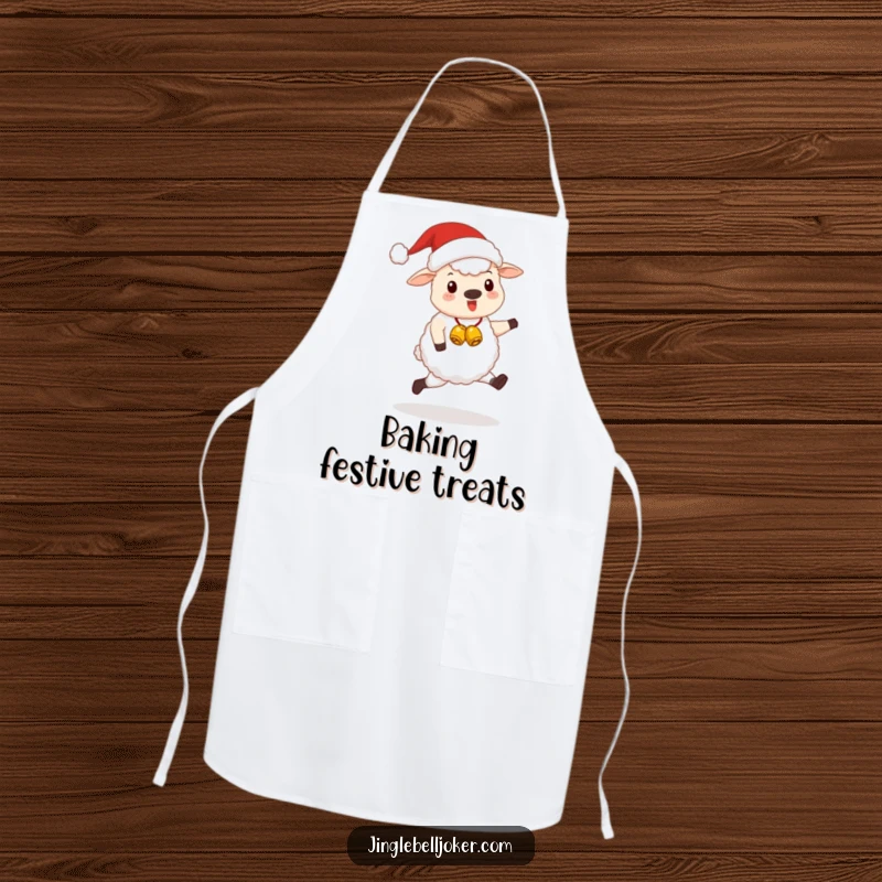 Funny Kawaii Santa Sheep Apron: A cute sheep dressed as Santa, happily skipping with jingle bells, for festive cooking.