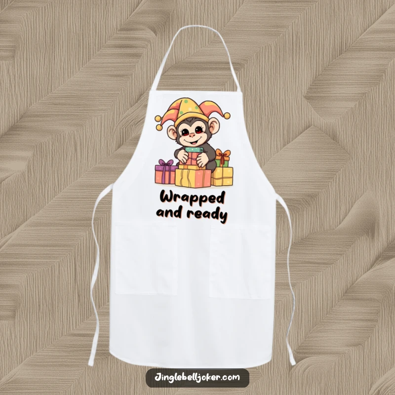Funny Monkey Jester Apron, a silly monkey dressed as a jester, stacking brightly wrapped presents, perfect for humorous cooking.