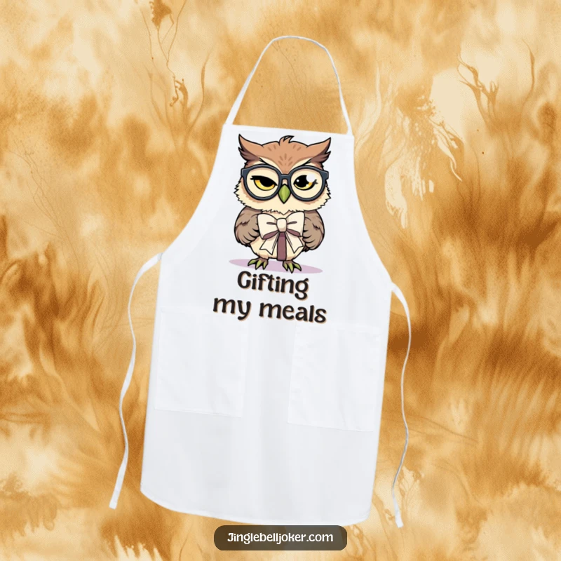 Funny Apron: An owl with oversized spectacles comically attempts to tie a bow on a present.
