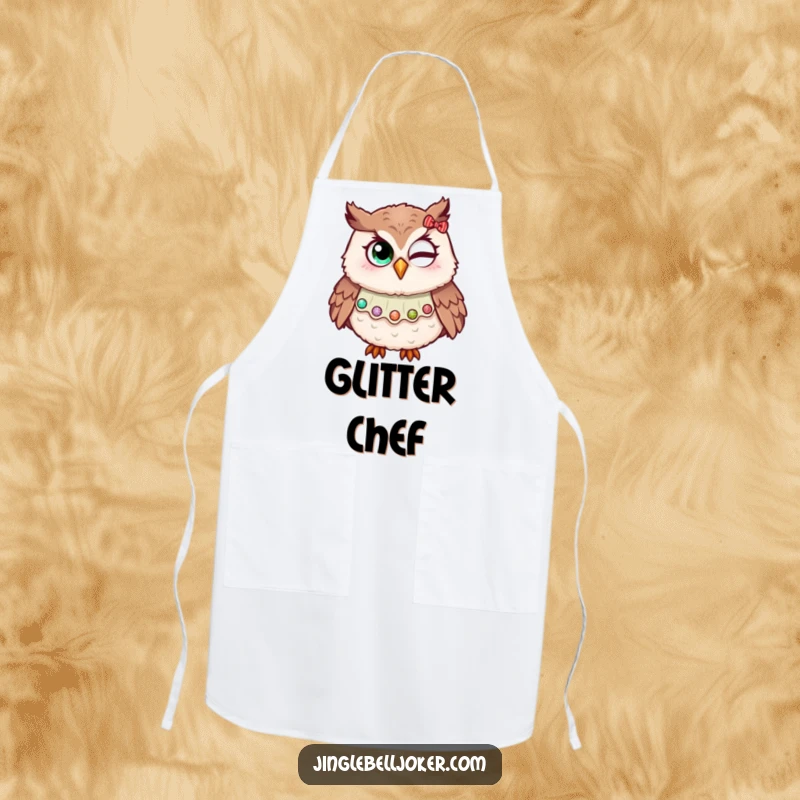 Funny apron showing an owl in a jester collar, attempting a wink with holiday glitter, adding humorous and festive vibes to meal preparation.