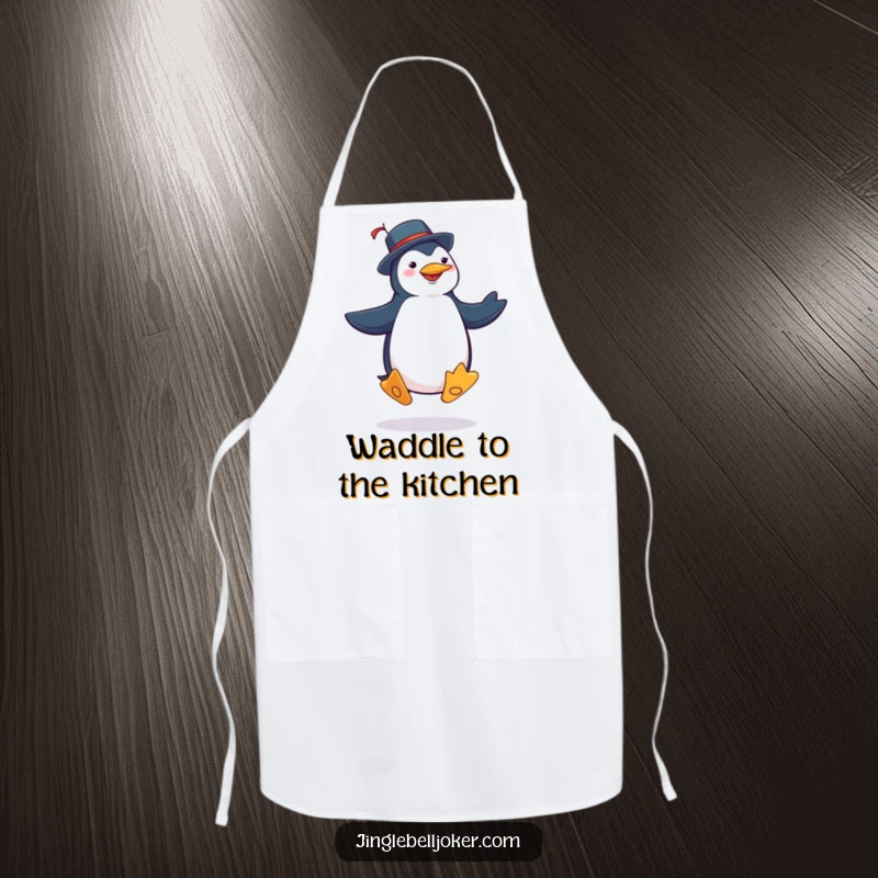 Funny penguin joker apron featuring a character in jester costume performing a silly jig with exaggerated, comical steps, perfect for chefs.