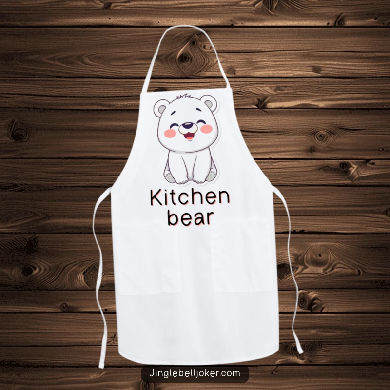 Funny apron featuring a cheerful polar bear making a funny face, ideal for kitchen use and adding humor to cooking.