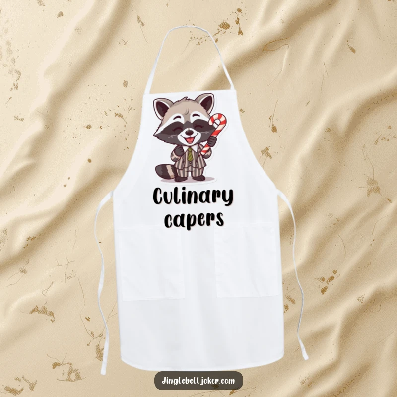 Funny Apron: A gleeful raccoon in a striped suit balances a candy cane, ideal for holiday baking.