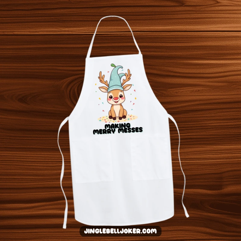 Funny reindeer apron with a happy reindeer wearing a jester hat, spilling colorful confetti.