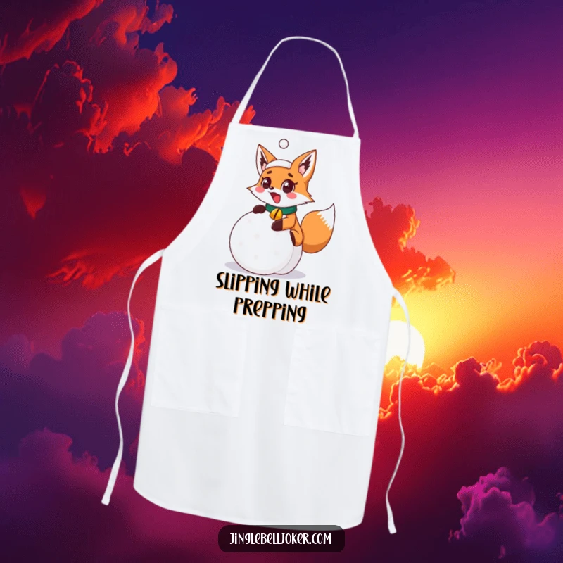 Funny surprised fox joker with jingle bell collar slipping on a festive snowball, a humorous kitchen accessory on this funny apron.