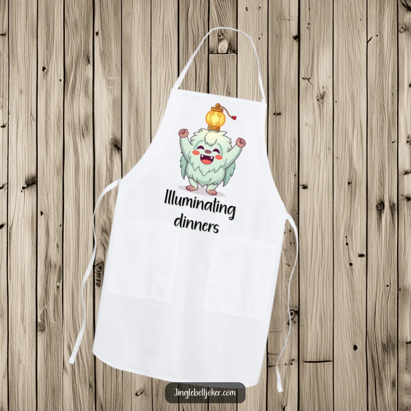 Funny Yeti Apron showing a silly yeti joker attempting to balance a glowing lantern on its head, perfect for kitchen fun.