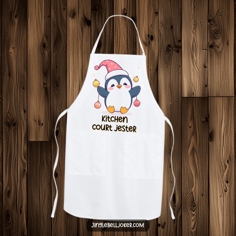 Funny Penguin Jester Apron: Cute penguin character in a jester hat, juggling sparkling ornaments, festive kitchen wear.