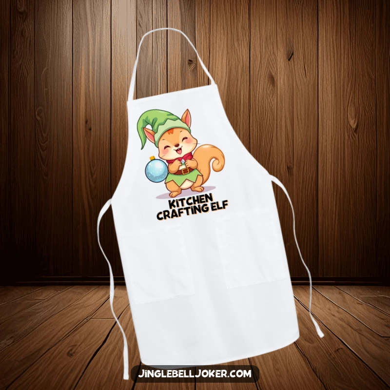 Funny Kawaii Elf Squirrel Apron: A cute Christmas character dressed as an elf, excitedly holding a sparkling ornament, for festive cooking.
