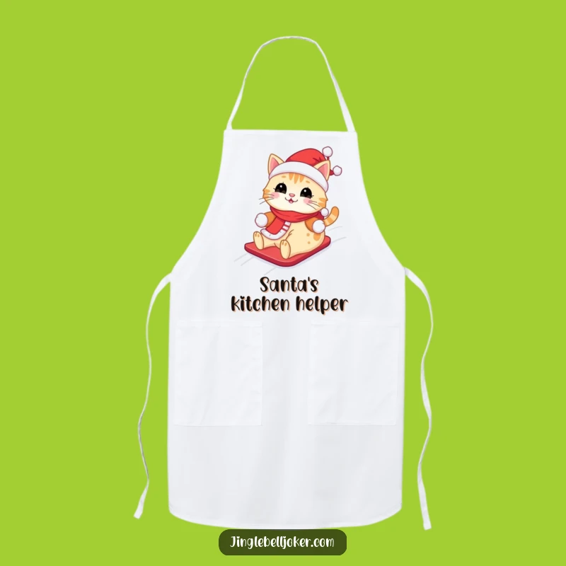 Funny Kawaii Santa Cat Apron: Cute Feline Sliding Down Snowy Hill, Kitchen Funny Gift