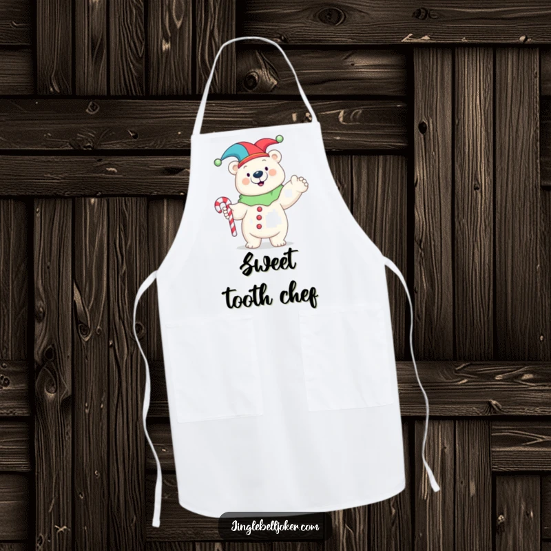 Funny apron depicting a happy polar bear in a jester costume striking a pose with a candy cane, adding a playful and humorous touch.