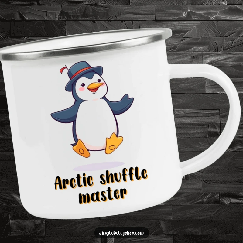 Funny penguin joker camping mug showing a character in jester costume doing a silly jig with exaggerated steps, perfect for outdoors.