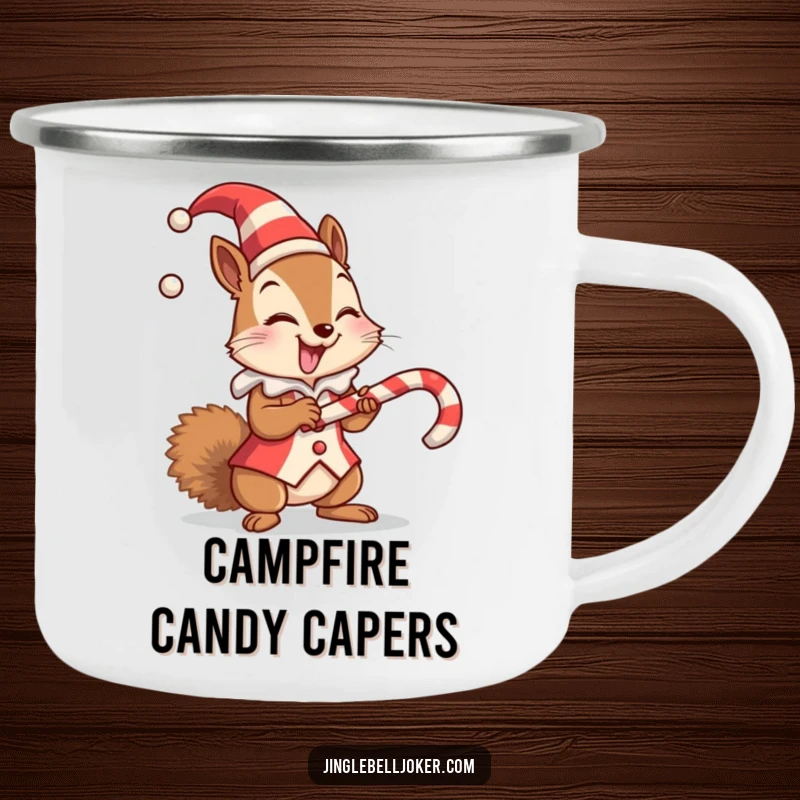 Funny enamel camping mug with a giggling squirrel jester balancing a candy cane, a humorous addition to outdoor trips.