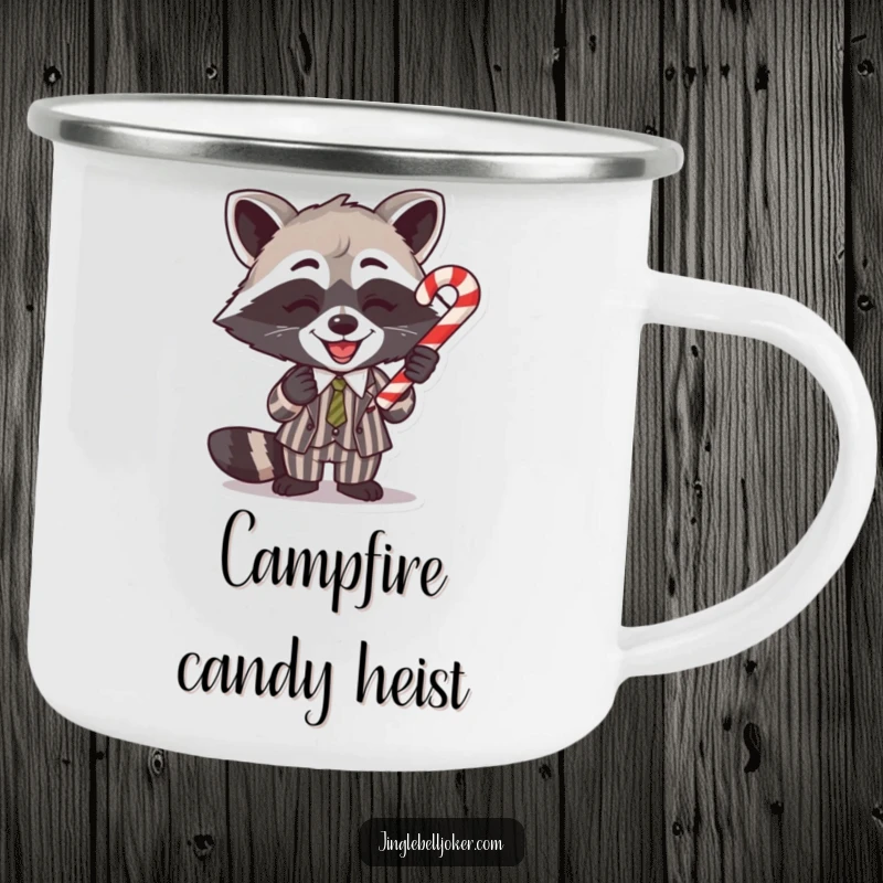 Funny Camping Mug: A raccoon balances a candy cane, perfect for outdoor holiday cheer and beverages.