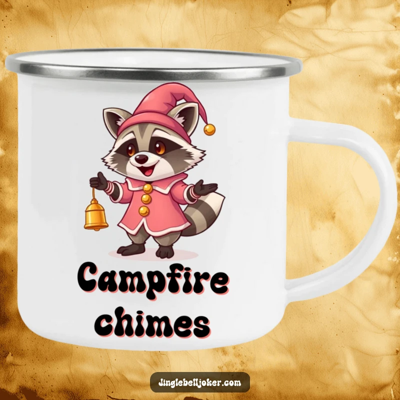 Funny Jester Raccoon Camping Mug: A raccoon in jester attire juggling bells, great for outdoor fun.