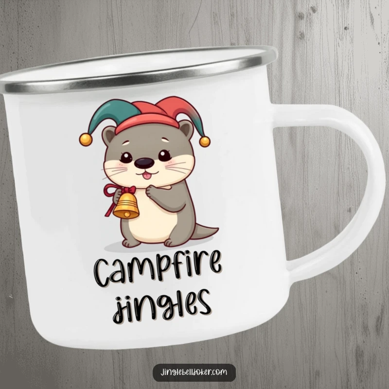 Funny Otter Jester Camping Mug, a cute otter in a jester hat ringing a miniature sleigh bell, for humorous festive outdoor adventures.