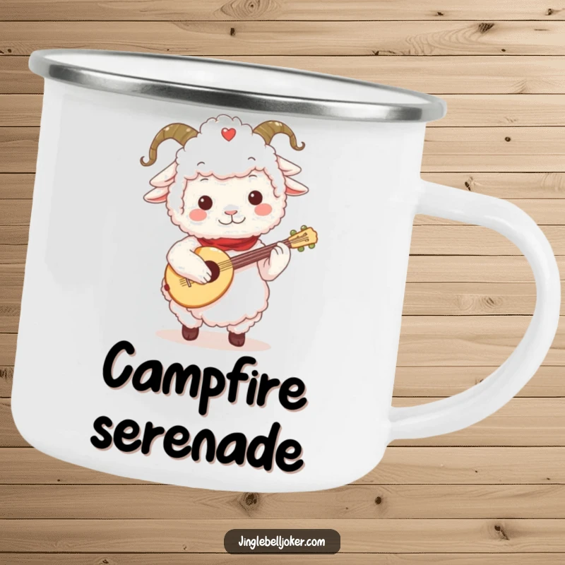 Funny Sheep Jester Camping Mug: Fluffy sheep character in a jester collar, playing a tiny festive lute, outdoor charm.