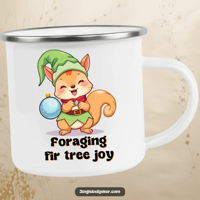 Funny Kawaii Elf Squirrel Camping Mug: A cute Christmas character dressed as an elf, excitedly holding a sparkling ornament, for outdoor use.