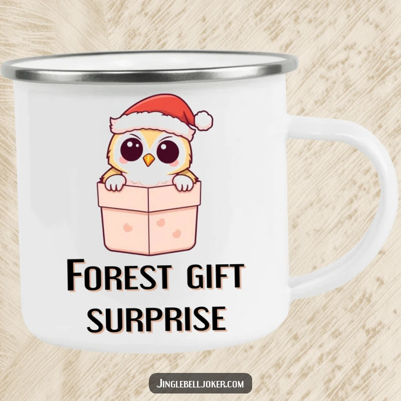Funny Kawaii Owl Santa Camping Mug, showing a cute owl peeking from a gift box, perfect for festive outdoor drinks.