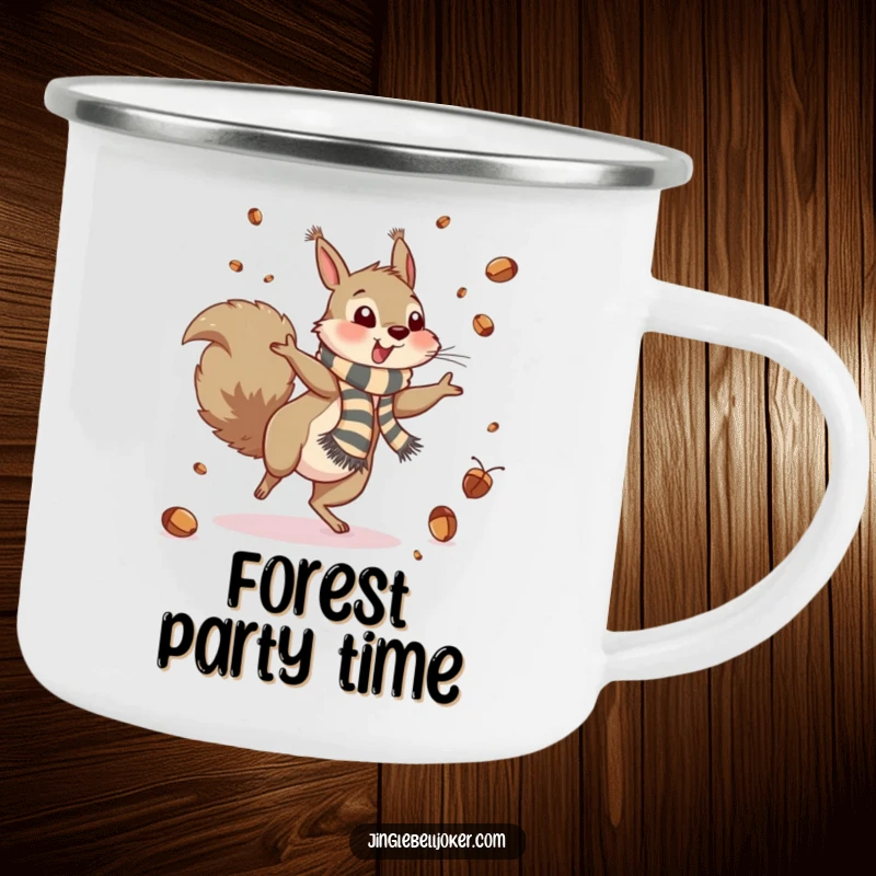 Funny Camping Mug: A squirrel cartwheels, scattering acorns, perfect for outdoor fun and beverages.