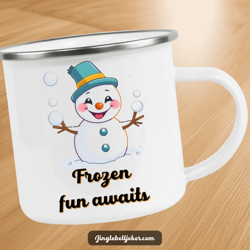 Funny snowman joker camping mug showing a playful character tossing snowballs, perfect for outdoor enthusiasts seeking humor.
