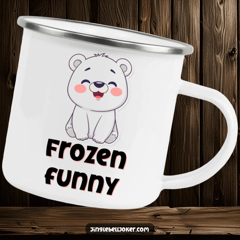 Funny camping mug featuring a cheerful polar bear making a funny face, perfect for outdoor trips and adding humor to drinks.