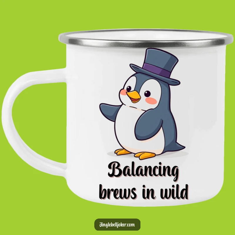 Funny Balancing Penguin Camping Mug: Clumsy Character Drinkware for Outdoor Fun