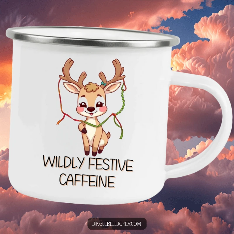 Funny deer joker character with festive antlers playfully batting a tinsel strand, on a sturdy camping mug.