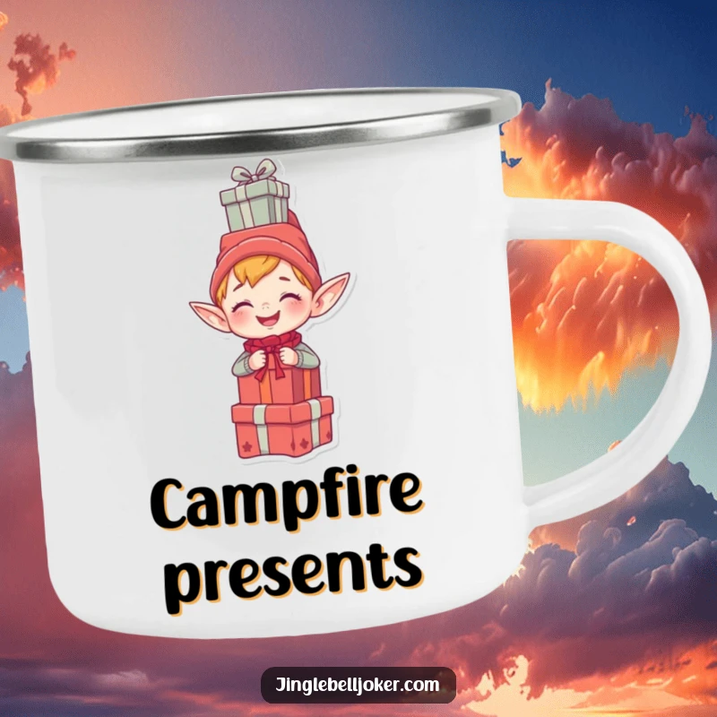 Funny camping mug with a giggling elf character humorously balancing a stack of gifts on its head, ideal for festive outdoor fun.