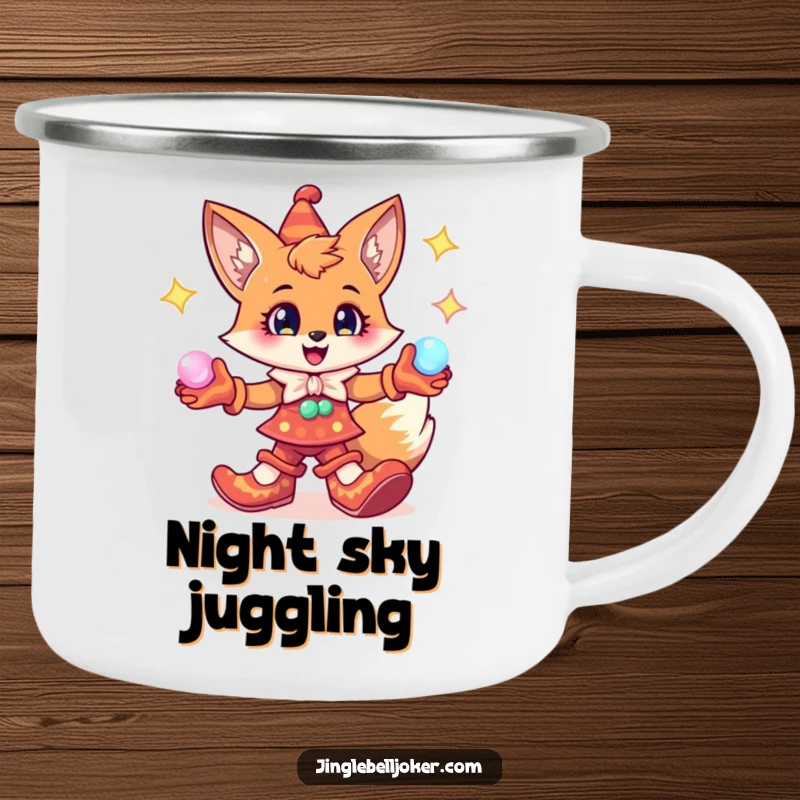 Funny Fox Jester Camping Mug: Cheerful fox character in jester shoes, juggling glowing orbs, magical outdoor gear.