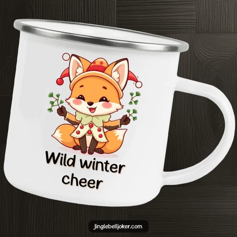 Funny Fox Jester Camping Mug, a joyful fox in jester attire juggling mistletoe, for humorous holiday outdoor adventures.