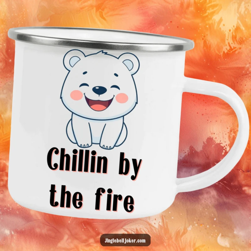 Funny camping mug of a happy polar bear with a wide grin, ideal for outdoor joy.