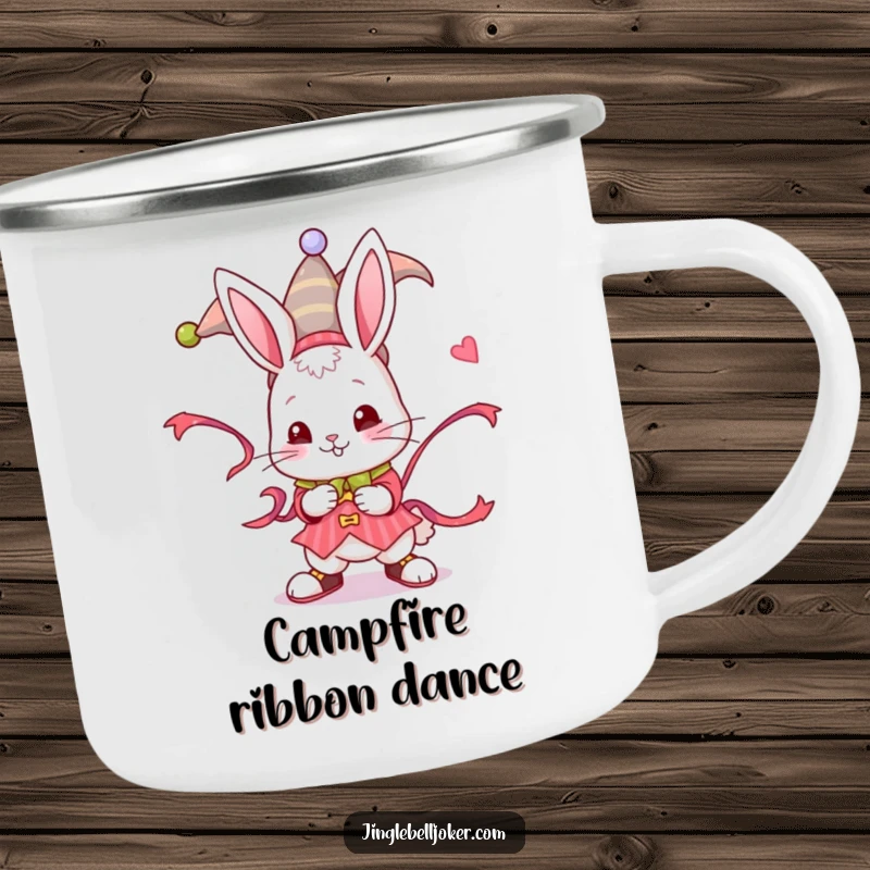 Funny Jester Bunny Camping Mug: A bunny in jester outfit twisting a festive ribbon, great for outdoor fun.