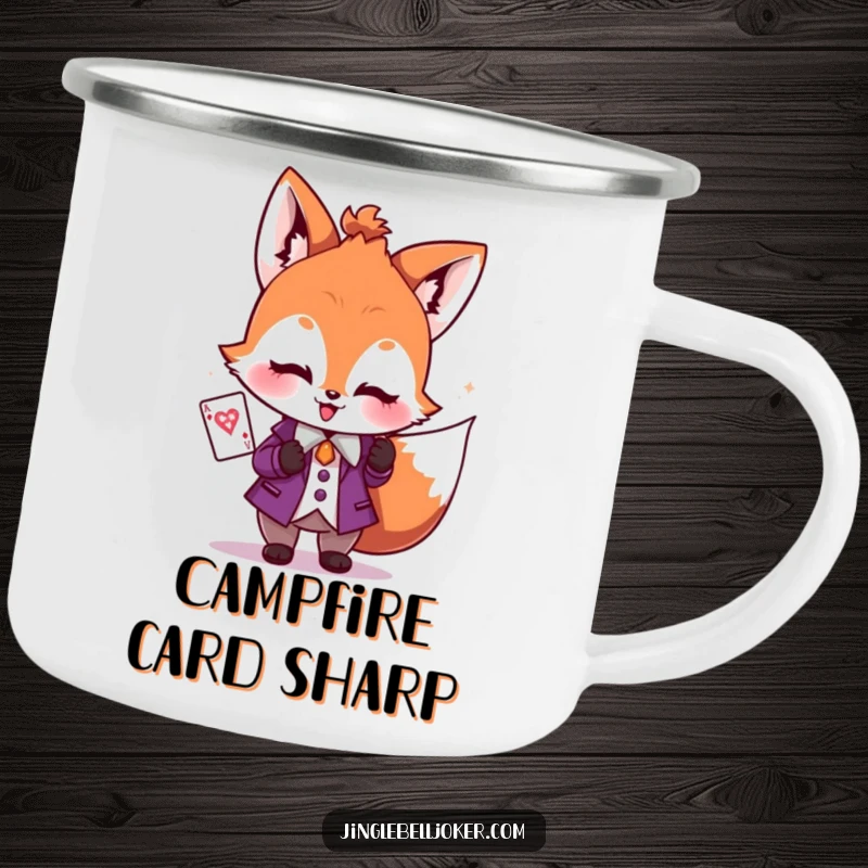 Funny camping mug with a blushing fox dressed as a joker, holding a sparkly playing card, perfect for outdoor games.