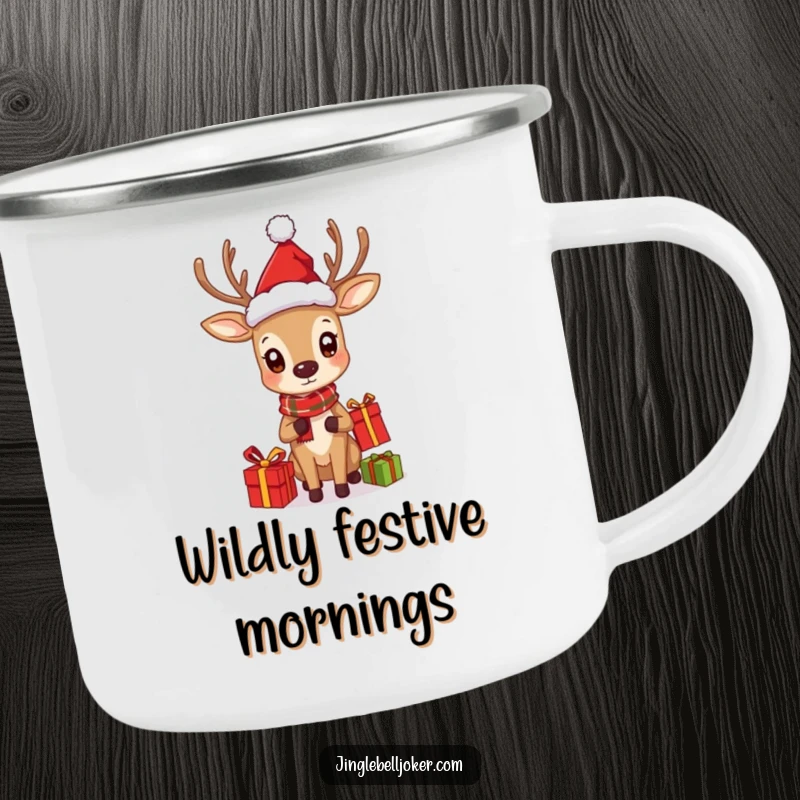 Funny camping mug with a deer in a Santa hat curiously juggling gifts, perfect for festive outdoor drinks.