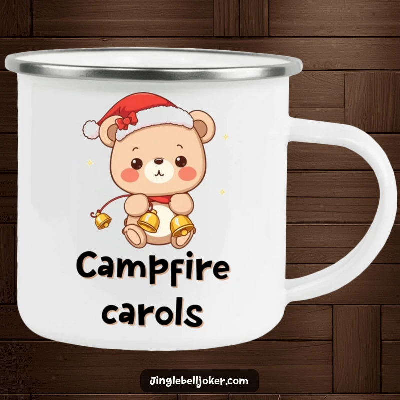 Funny camping mug with a kawaii bear in a Santa hat, cheerfully juggling jingle bells, ideal for Christmas outdoors.