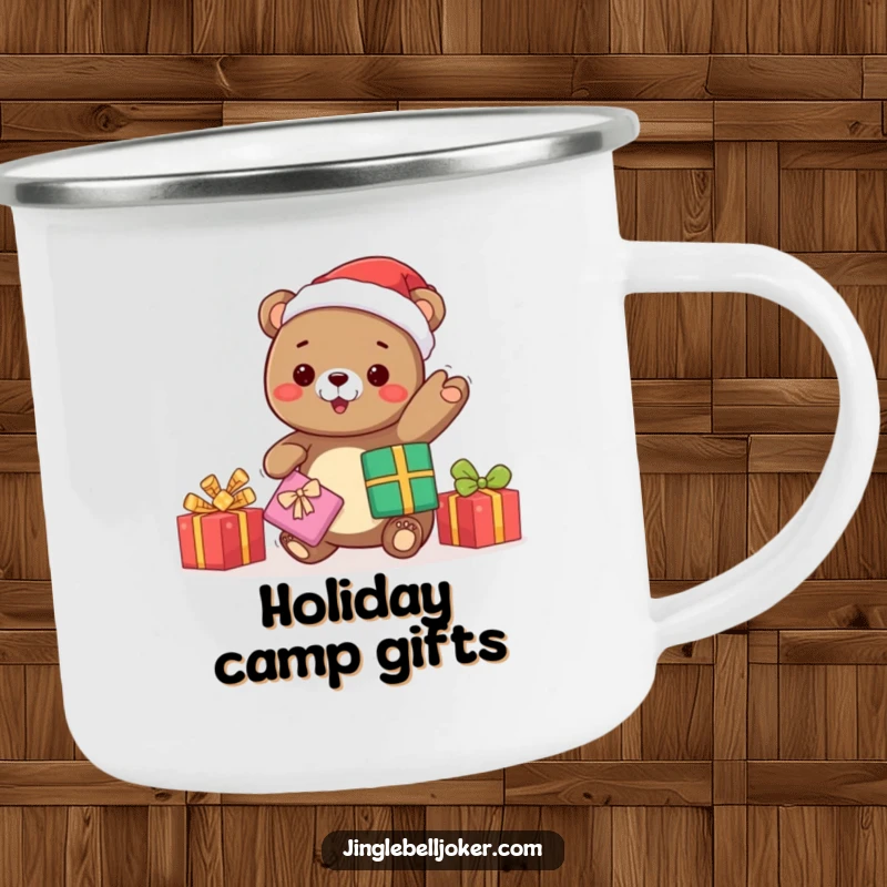 Funny kawaii bear Santa juggling gifts, a durable camping mug for festive outdoor enjoyment and humorous holiday spirit.
