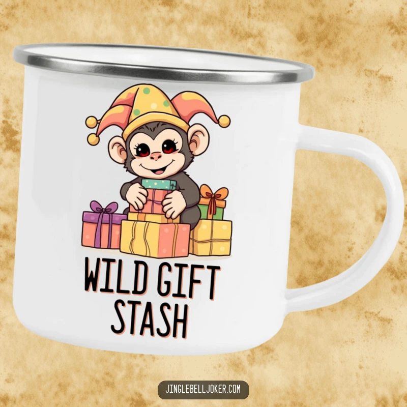 Funny Monkey Jester Camping Mug, a silly monkey dressed as a jester, stacking brightly wrapped presents, for humorous outdoor adventures.