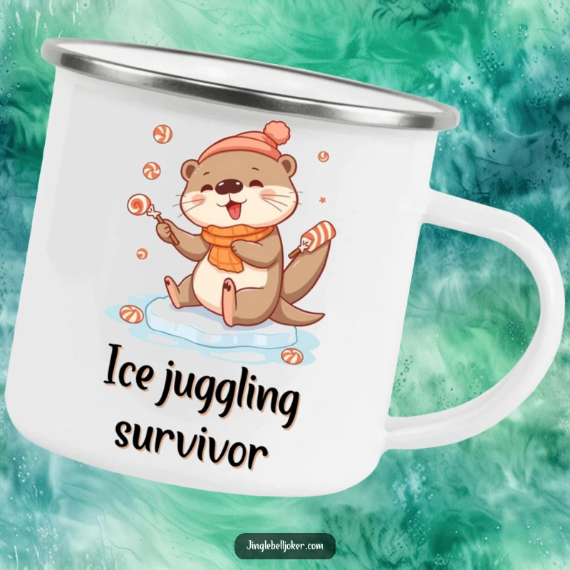 Funny camping mug featuring a cute otter character comically slipping on ice while juggling festive candies, ready for outdoor fun.