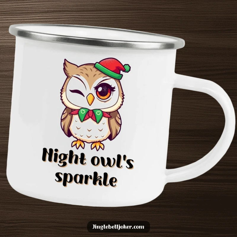 Funny enamel camping mug with an owl jester attempting a wink with holiday glitter, a humorous addition to outdoor trips.