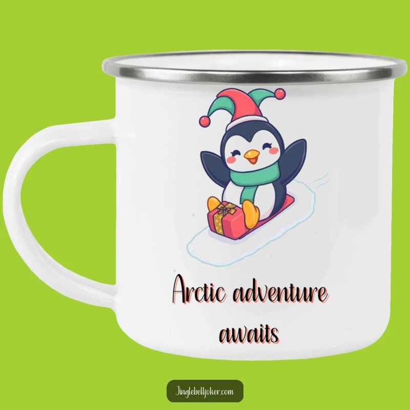 Funny Penguin Jester Camping Mug: Adventure Fun Sliding Down Slope