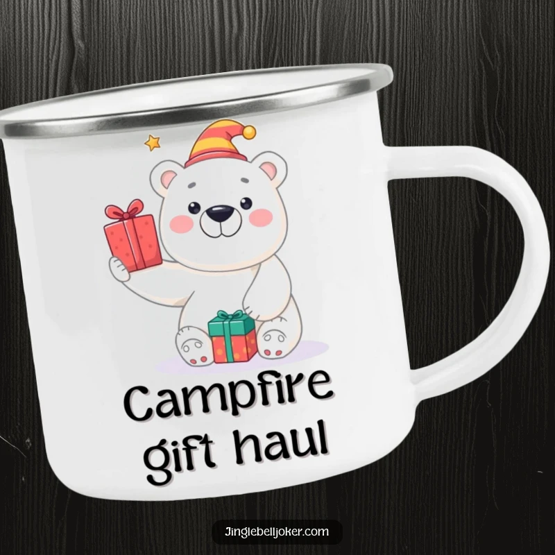 Funny camping mug with a smiling polar bear in a jester hat, tossing presents, ideal for outdoor adventures and laughter.
